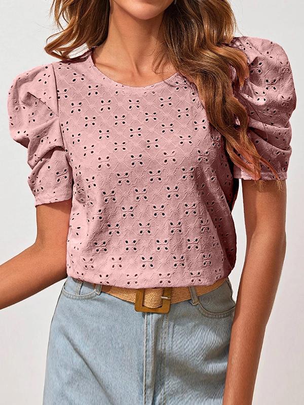Loose Short Sleeves Hollow Pleated Solid Color Round-Neck T-Shirts Tops Product Image