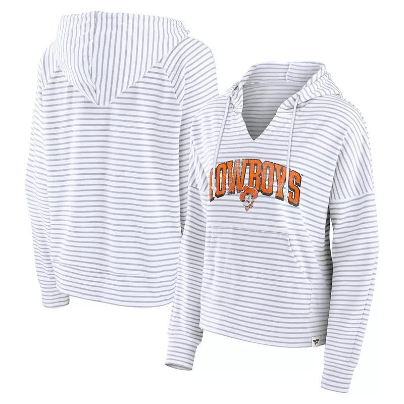 Womens Fanatics White/Gray Las Vegas Raiders Striped Notch Neck Pullover Hoodie Product Image