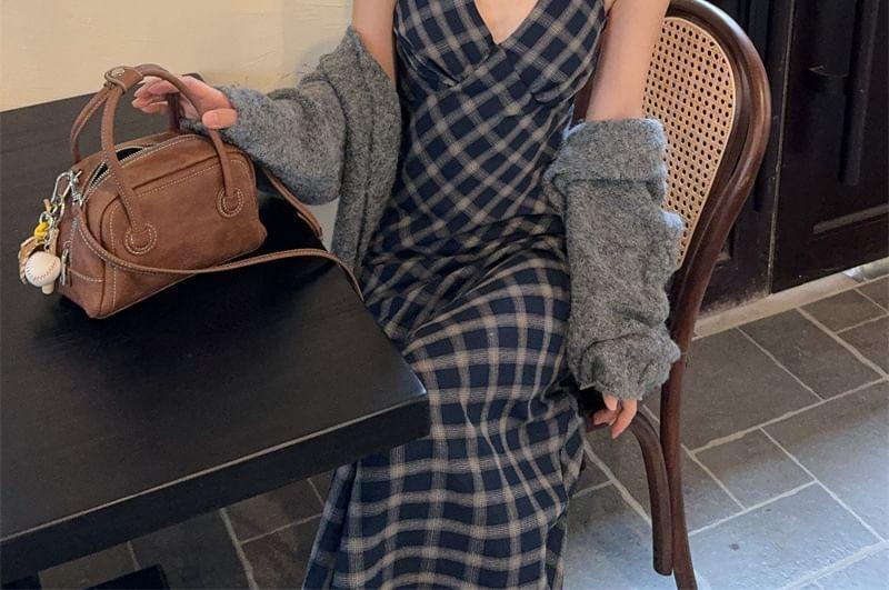 Halter V-Neck Plaid Maxi A-Line Dress / Plain Cable Knit Open Front Cardigan Product Image