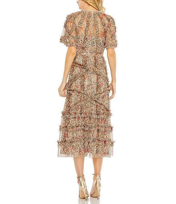 Mac Duggal Floral Print Ruffle Embellished Short Flutter Sleeve Crew Neck Midi Dress Product Image