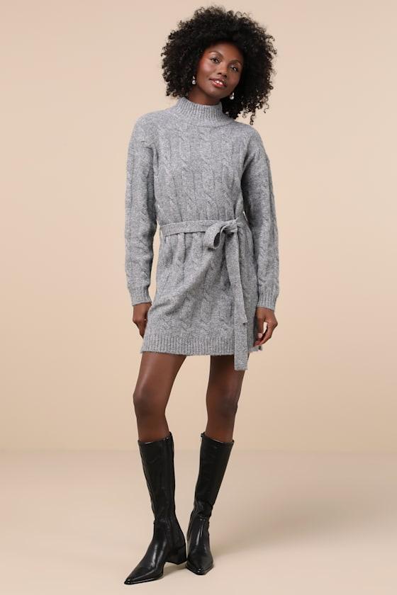 Warmed Up To You Heather Grey Cable Knit Mock Neck Sweater Dress Product Image