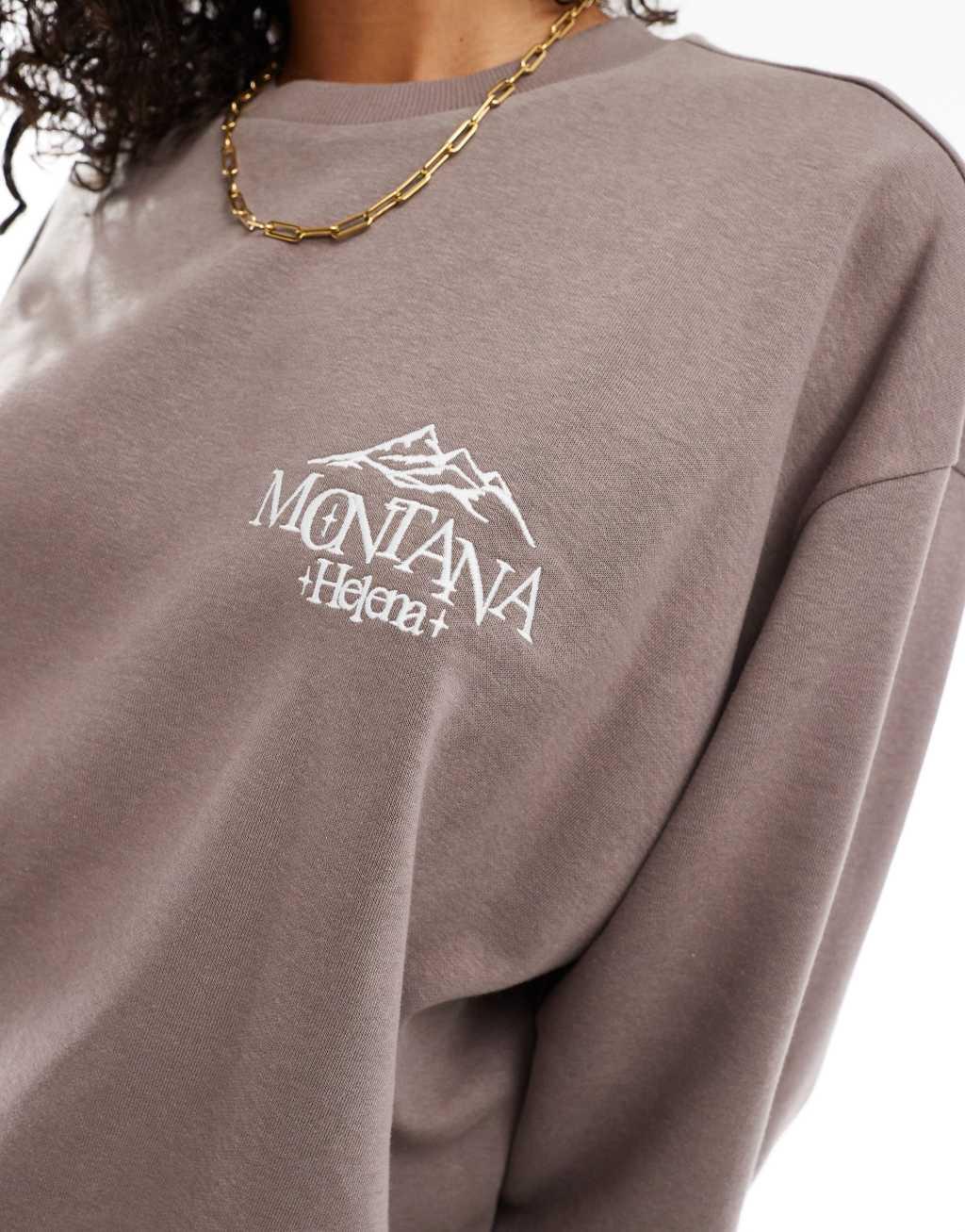 ASOS DESIGN oversized sweat with montana embroidered graphic in mushroom - part of a set Product Image