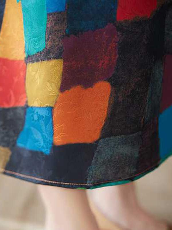 Loose Sleeveless Contrast Color Multi-Colored Plaid Round-Neck Midi Dresses Product Image