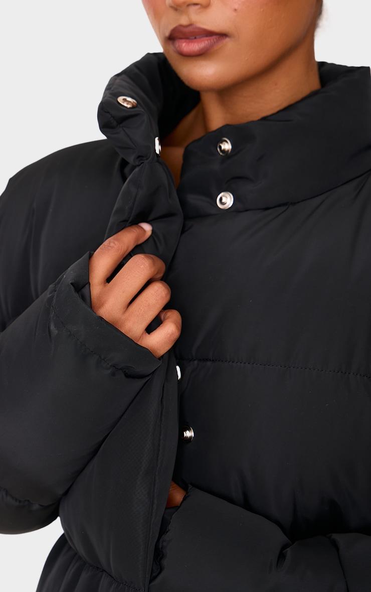 Black Quilted Longline Tie Waist Puffer Coat Product Image