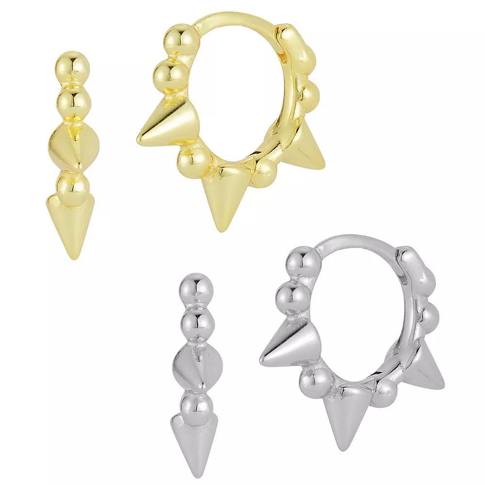 Sunkissed Sterling Two Tone Sterling Silver Spike Huggie Earring Duo Set, Women's Product Image