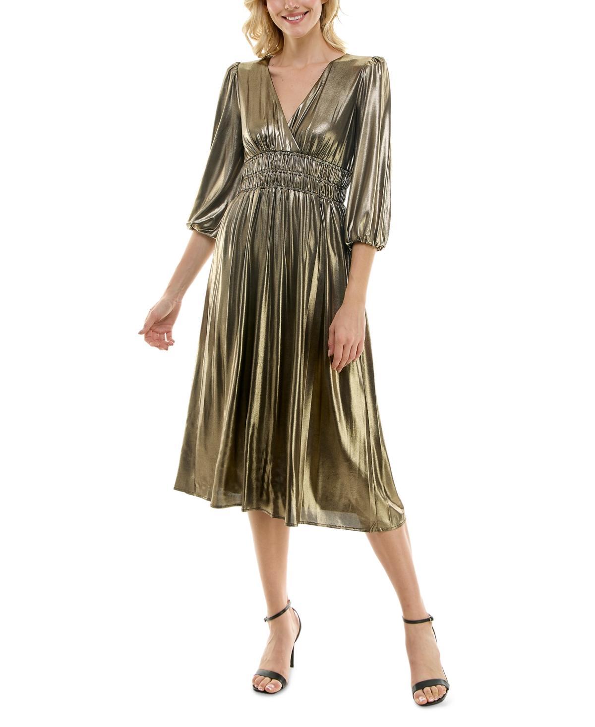 Womens Maison Tara Gold Knit V-Neck Fit & Flare Midi Dress Product Image