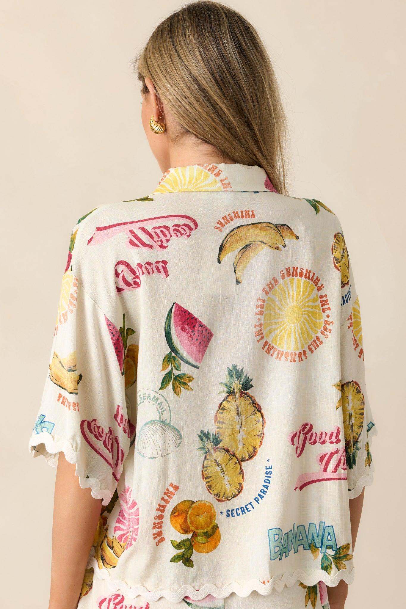 Island Time Ivory Tropical Fruit Print Button Front Top Product Image