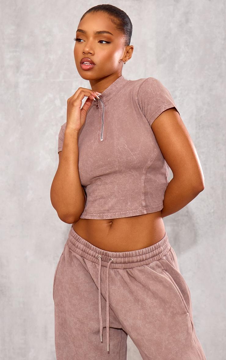  Taupe Washed Zip Up Rib Panel Top Product Image