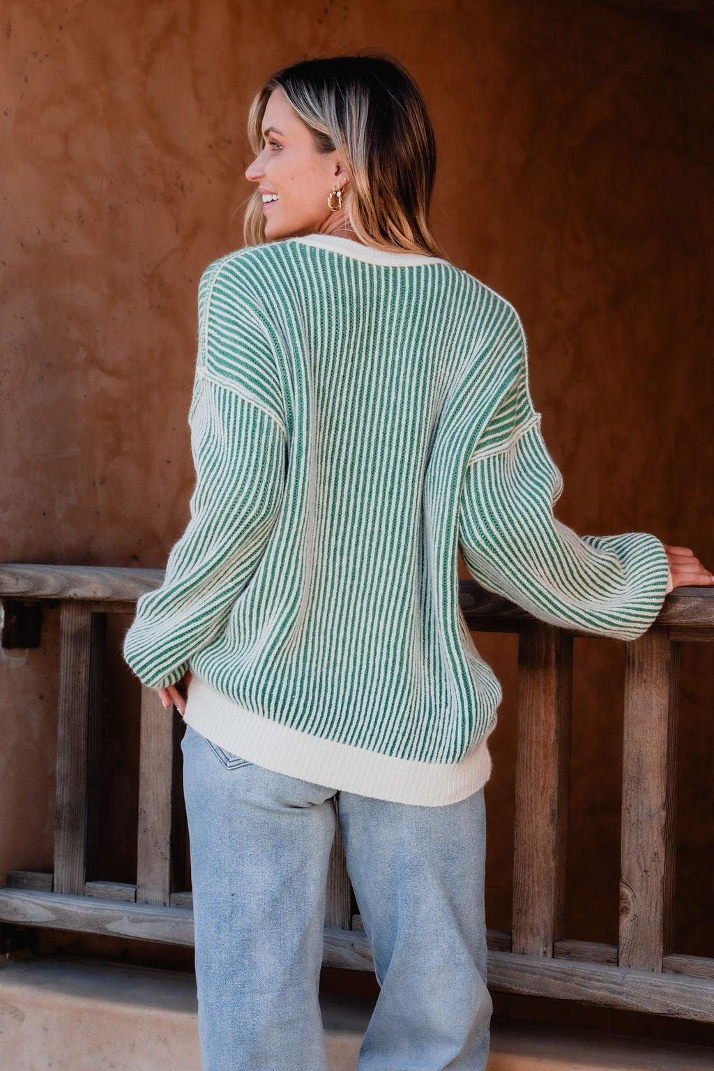 Green Striped Seam Detail Sweater - FINAL SALE Product Image