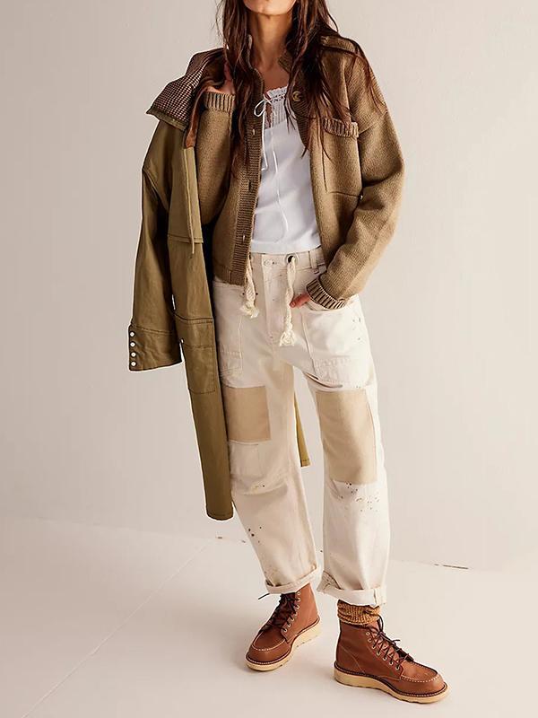 Long Sleeves Loose Buttoned Pockets Solid Color Split-Joint Stand Collar Cardigan Tops Product Image