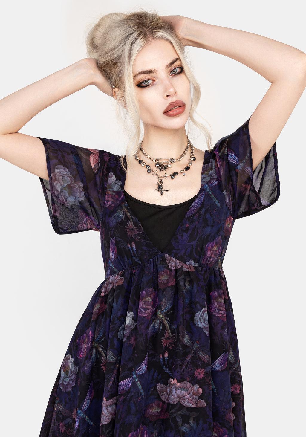 Dragonfly Floral Print Chiffon Handkerchief Hem Dress Product Image