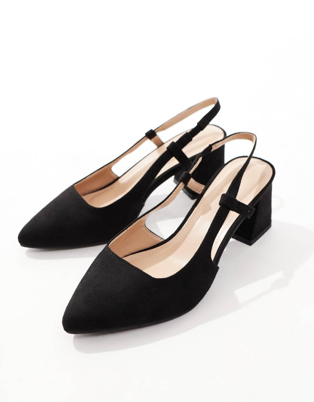 SEQWL Wide Fit pointed sling back block heeled shoes in black Product Image