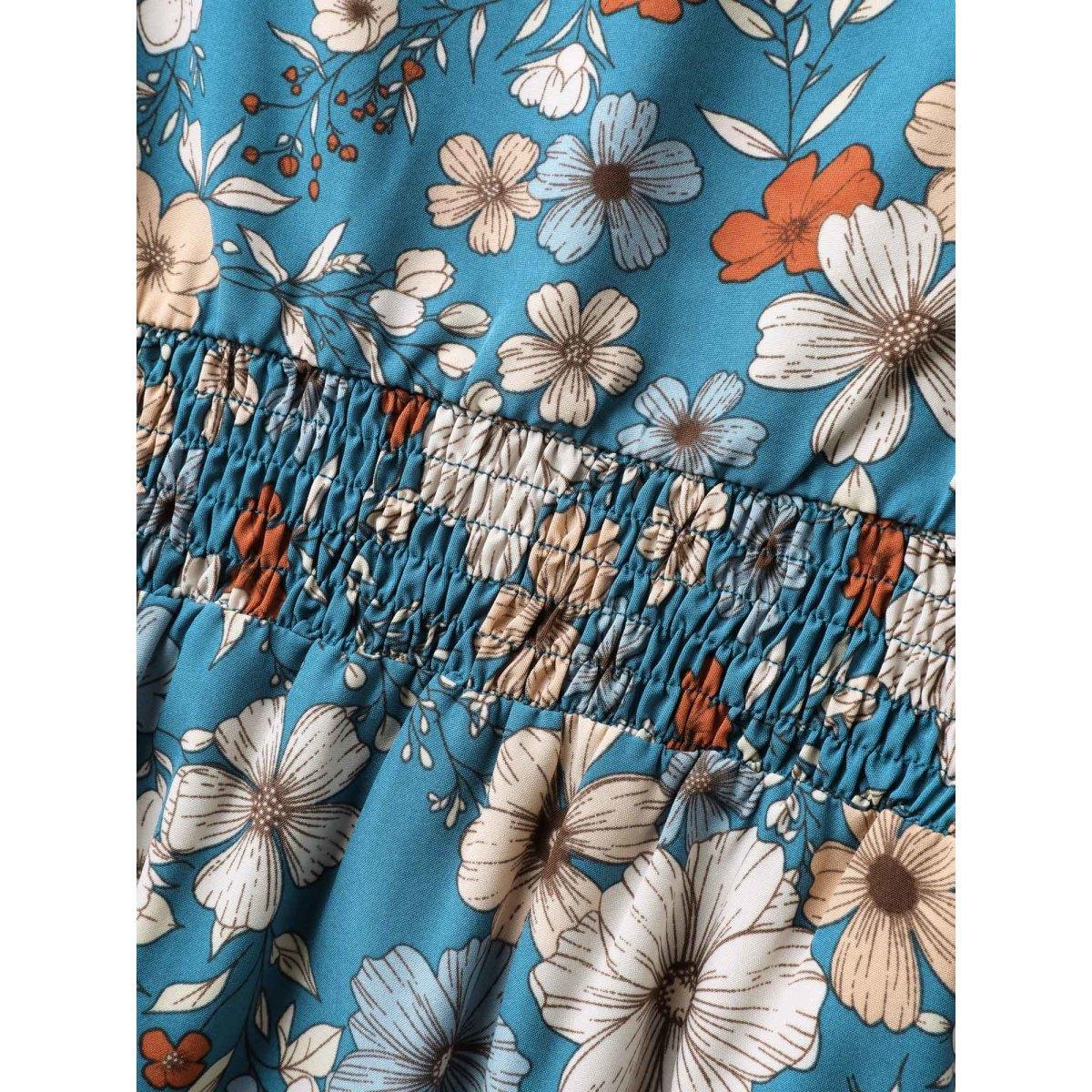 Plus Size Floral Print Shirred Waist Midi Dress Mediumblue Women Timeless Square Neck Sleeveless Curvy BloomChic 12/L Product Image