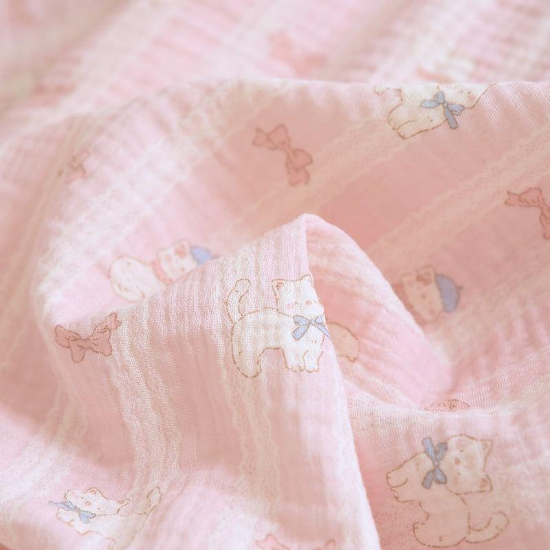 Pajama Set: Short-Sleeve Half Buttoned Print Top + Shorts Product Image