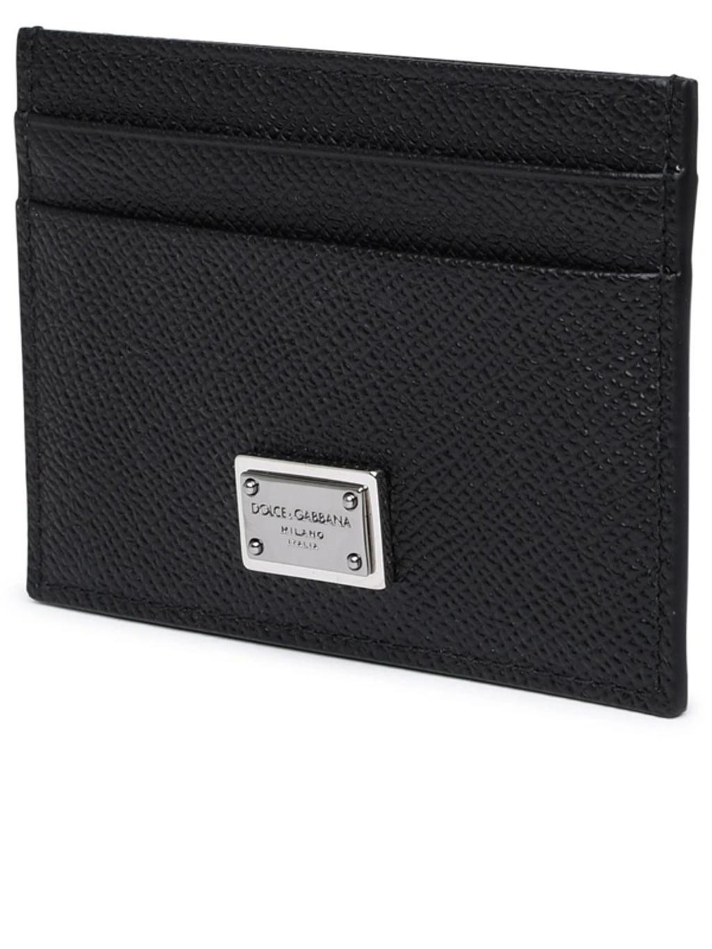 Leather Card Holder Compact Pebbled Texture In Black Product Image