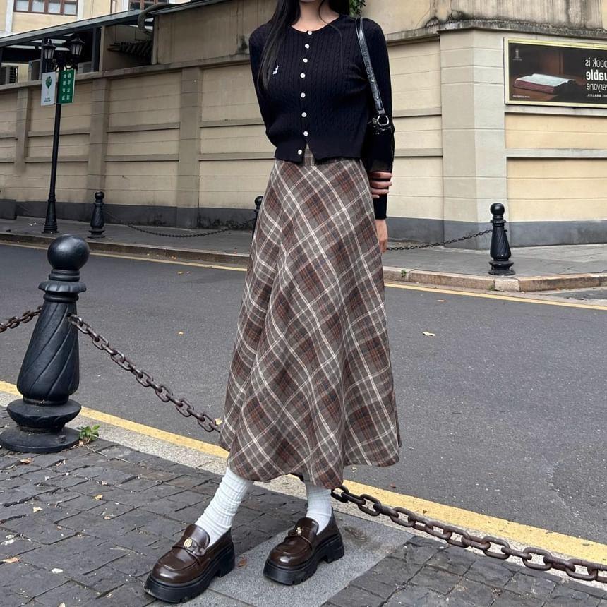 High Waist Plaid Maxi A-Line Skirt Product Image