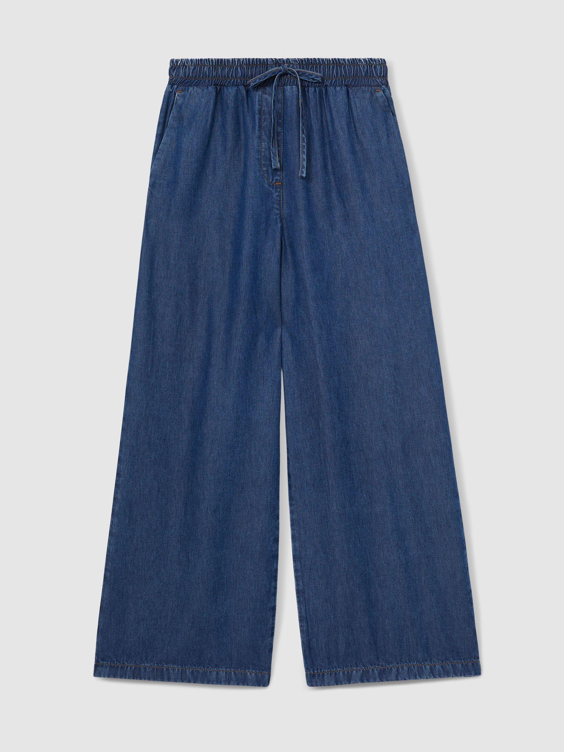 Petite Wide-Leg Chambray Drawstring Trousers in Mid Blue Product Image