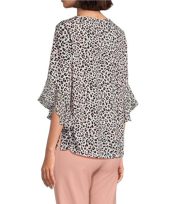 Multiples Slub Knit Georgette Animal Print Scoop Neck 3/4 Flounce Sleeve Fitted Top Product Image