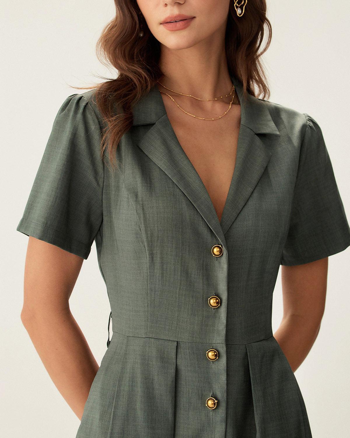 Green V Neck Pleated Button Midi Dress Product Image