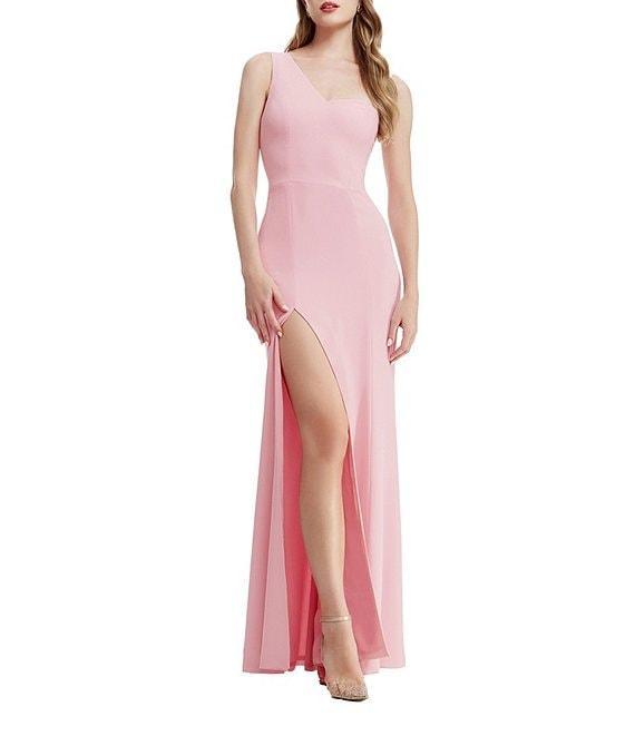 Dress the Population Magdalynn Asymmetrical Neck One Shoulder Front Slit Crepe Sheath Gown Product Image