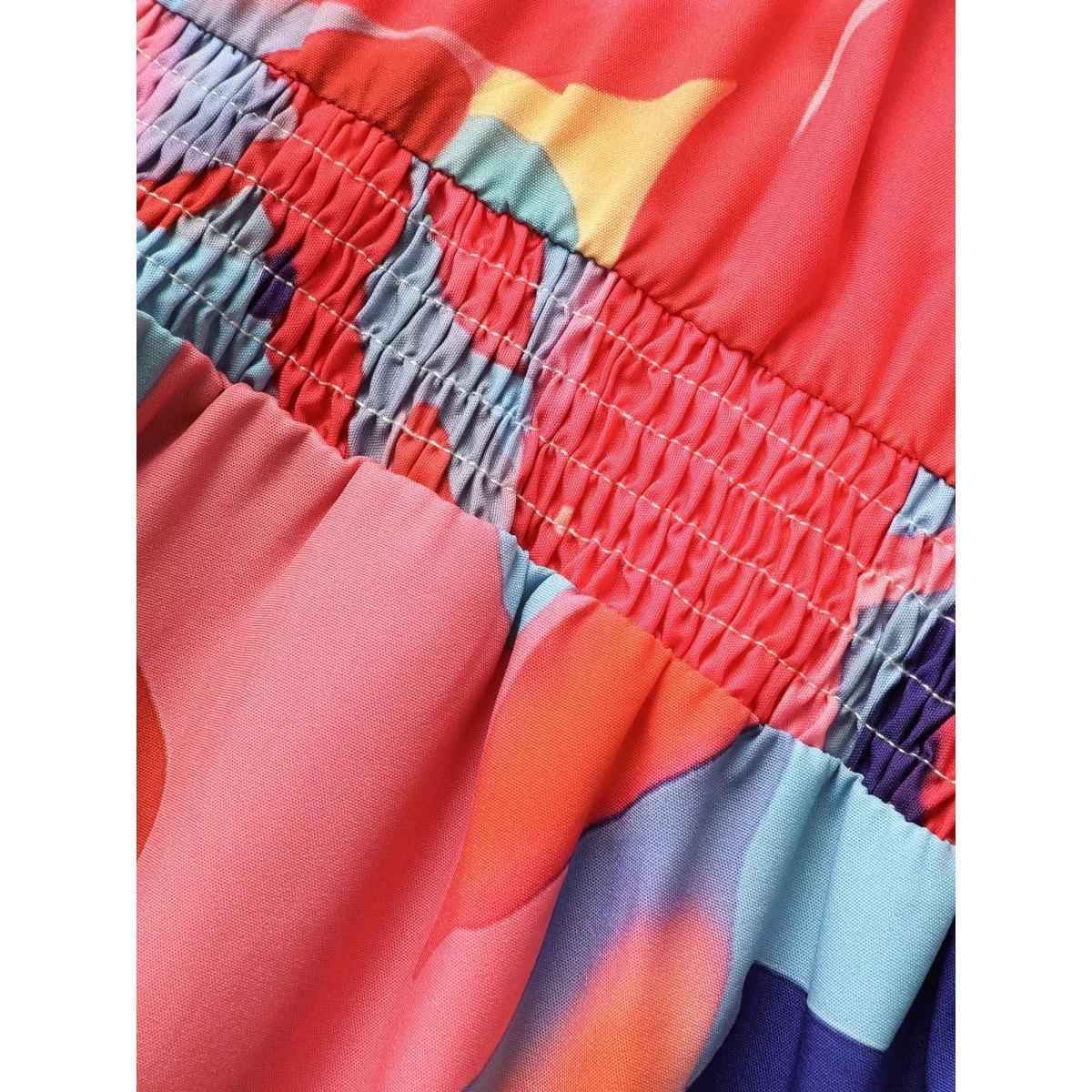 Plus Size Square Neck Watercolor Floral Shirred Cami Dress Peach Women Elegant Shirred Square Neck Sleeveless Curvy BloomChic 26/4X Product Image