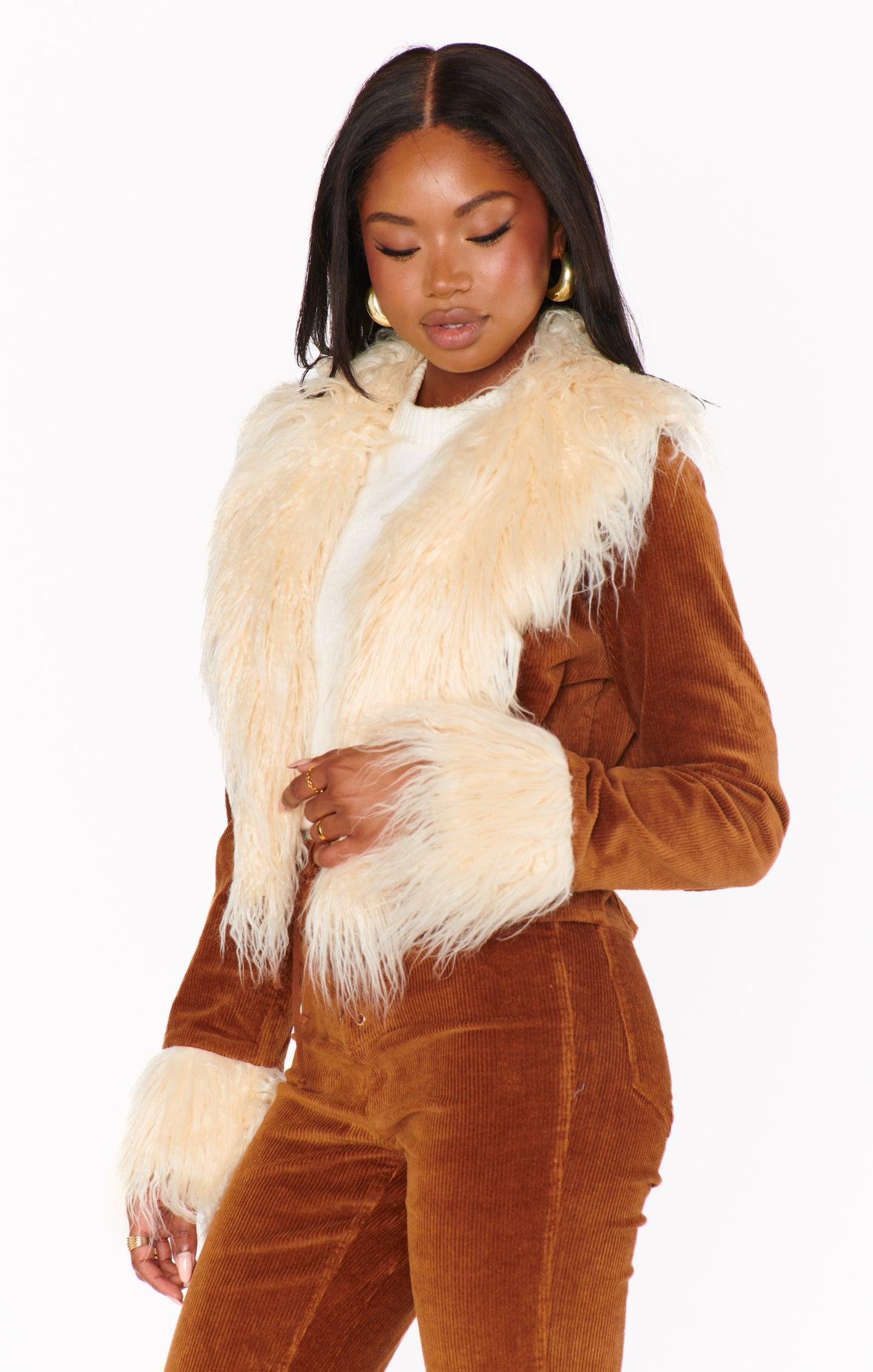 Penny Lane Cropped Coat ~ Saddle Brown Cord w/Faux Fur Product Image