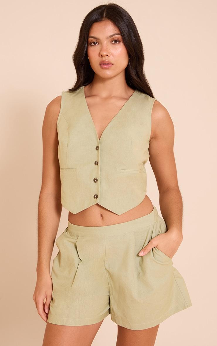  Sage Green Linen Look Oversized Detail Floaty Short Product Image