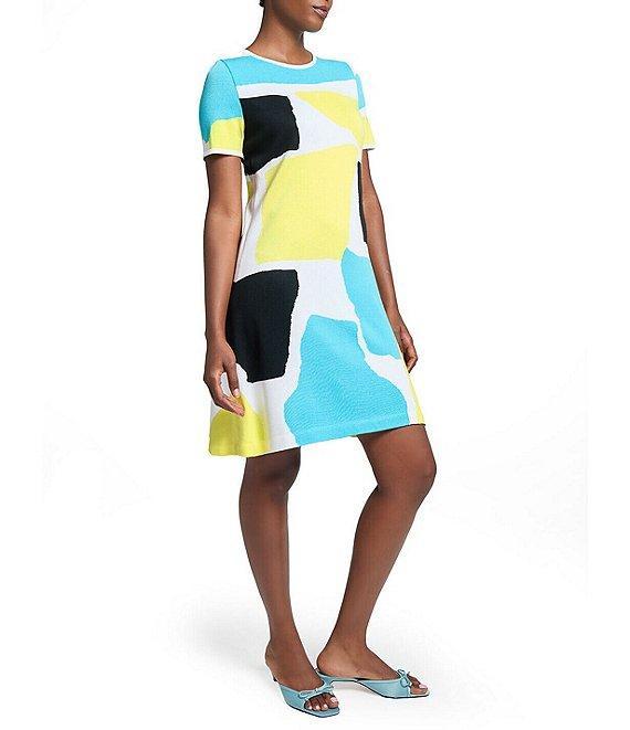 Ming Wang Soft Knit Abstract Color Block Round Neck Short Sleeve Dress Product Image