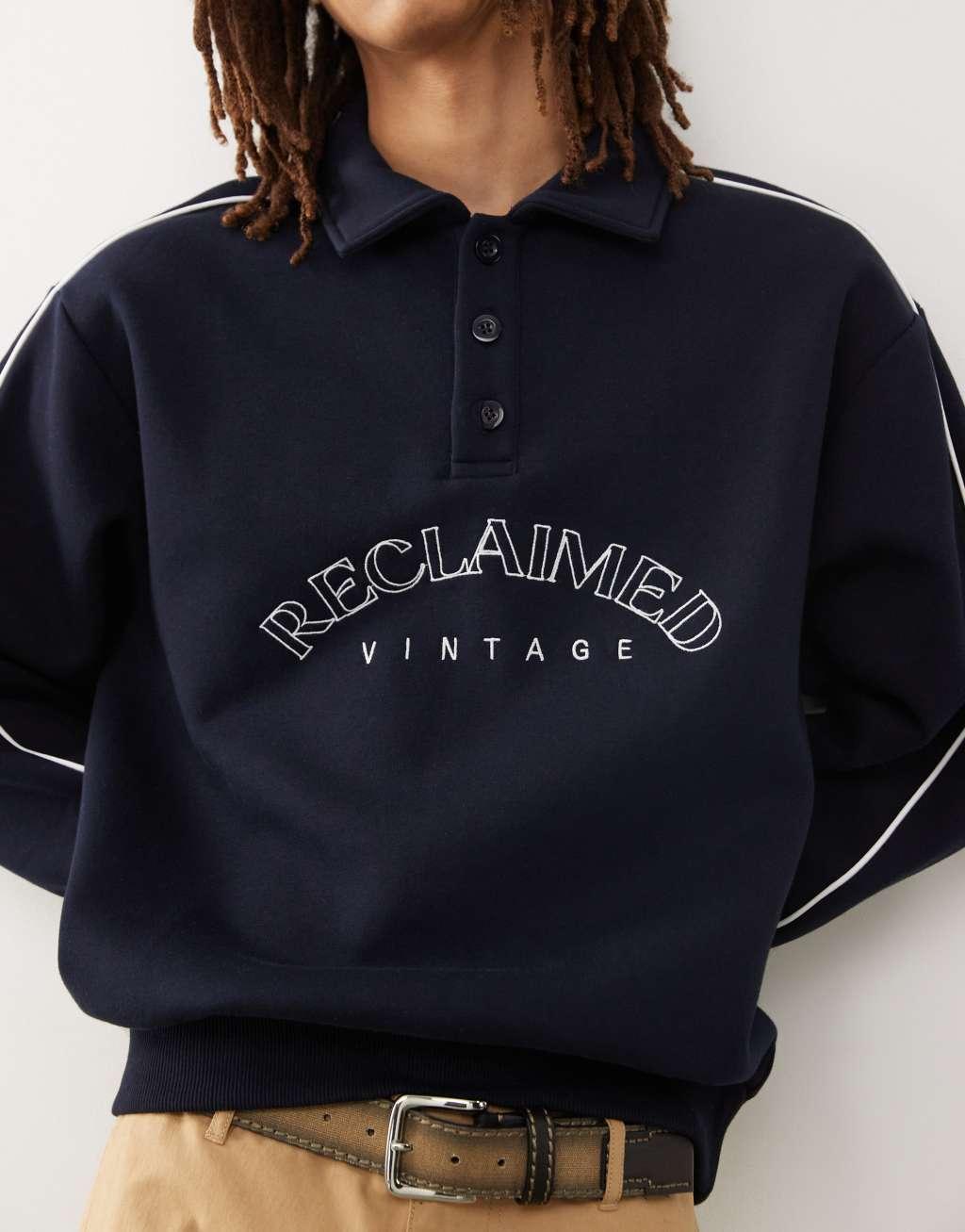 Reclaimed Vintage rugby sweatshirt with embroidery in navy Product Image