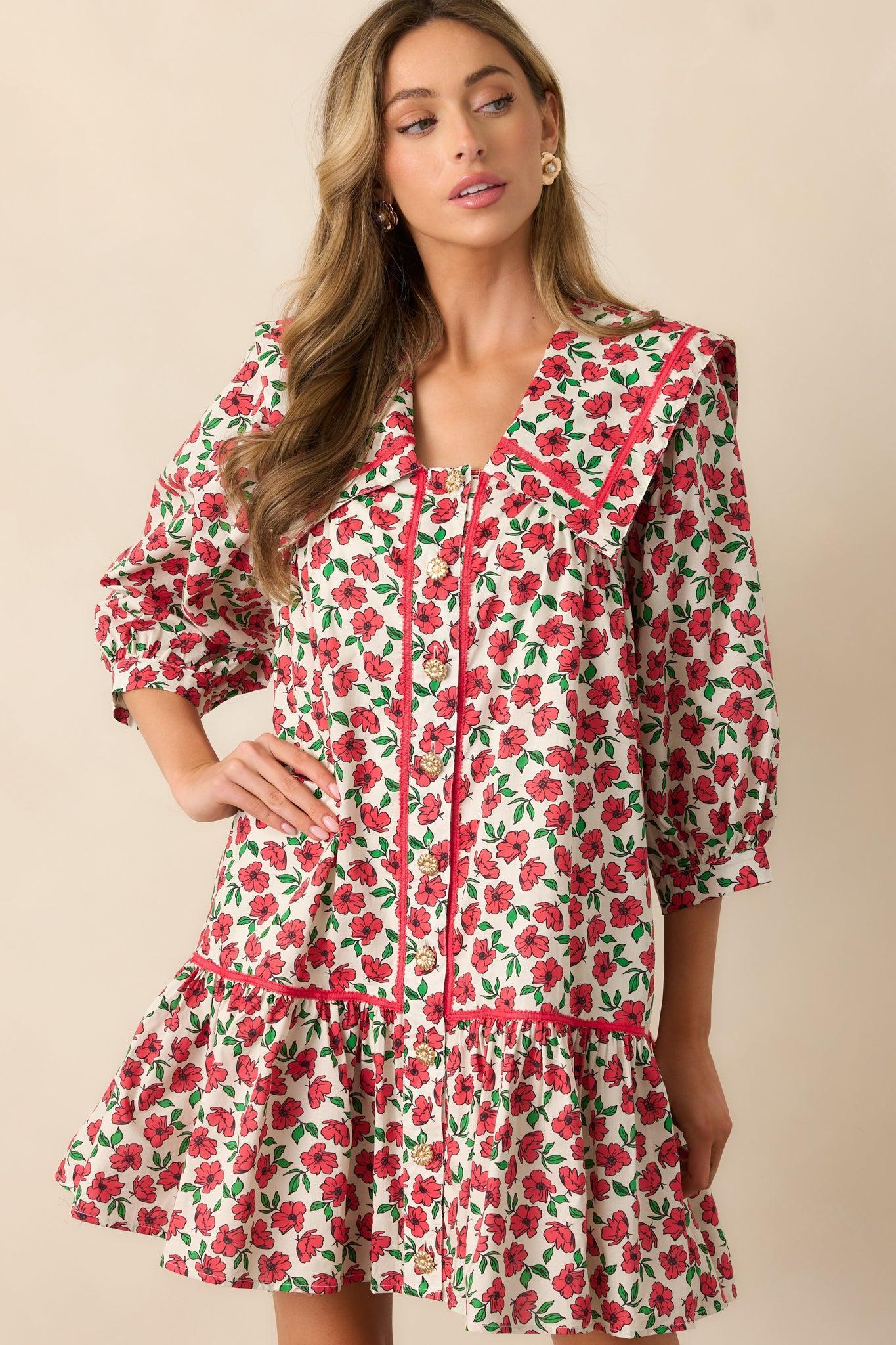 Butterfly Garden Red Cotton Button Front Mini Dress Product Image