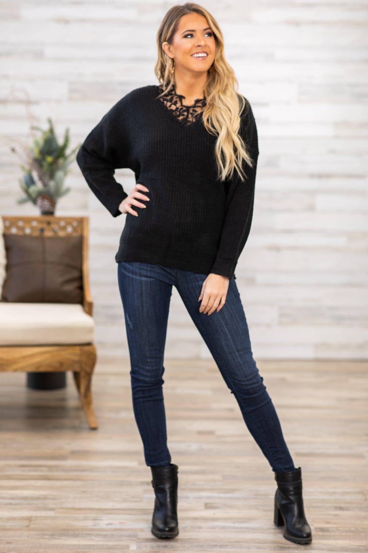 Black Lace Trim Rib Knit Sweater Product Image