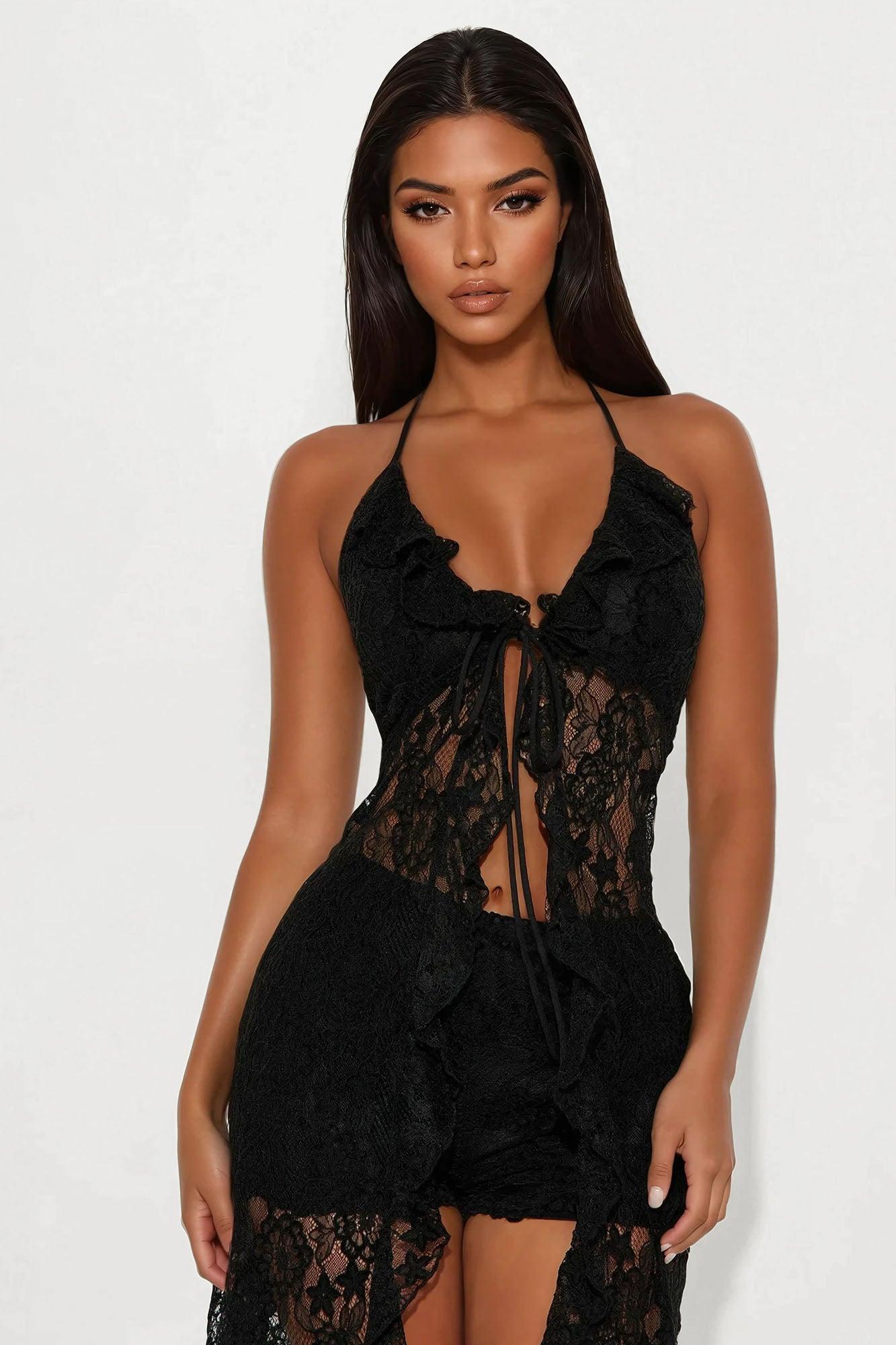 Arabella Lace Long Flyaway Top And Micro Short Set - Black Product Image