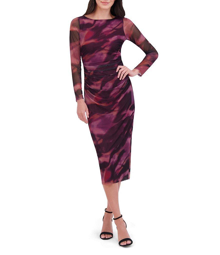 Vince Camuto Mesh Abstract Swirl Print Boat Neck Long Sleeve Bodycon Midi Dress Product Image