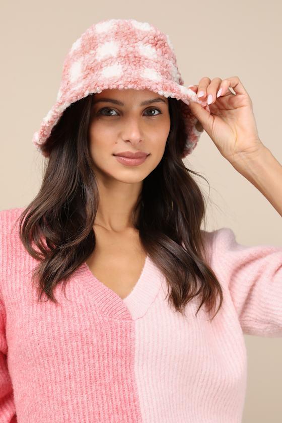 Cuddly Favorite Pink Plaid Shearling Bucket Hat Product Image