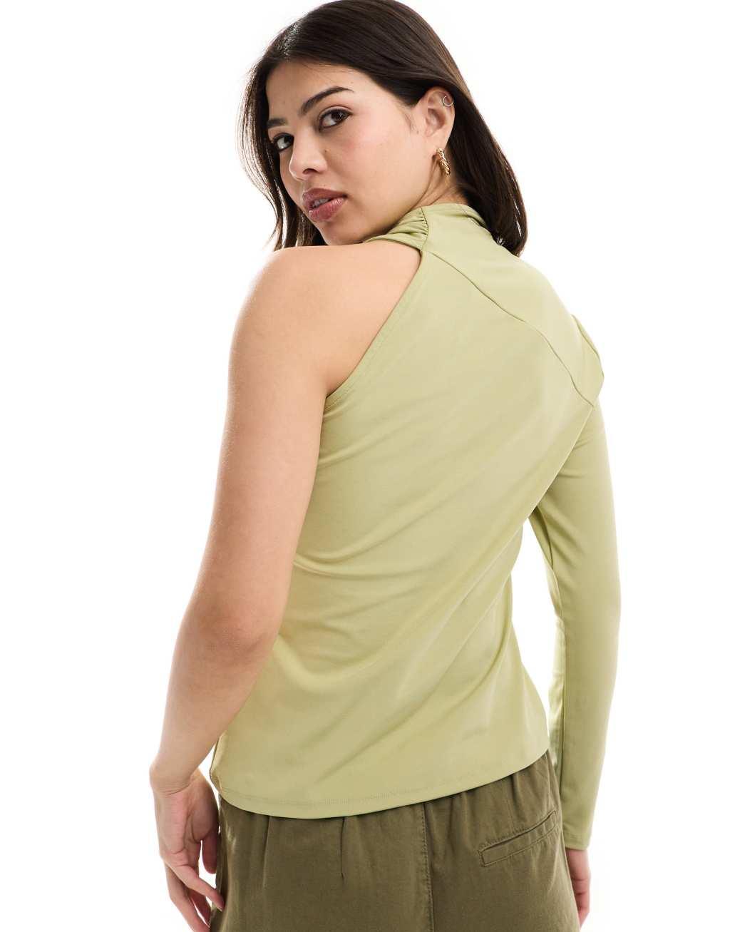 JDY one sleeve asymmetric top in sage green Product Image