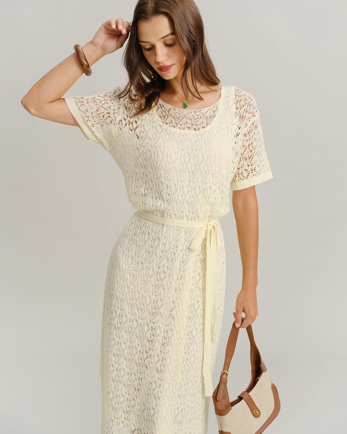Yellow See Through Round Neck Midi Dress Product Image