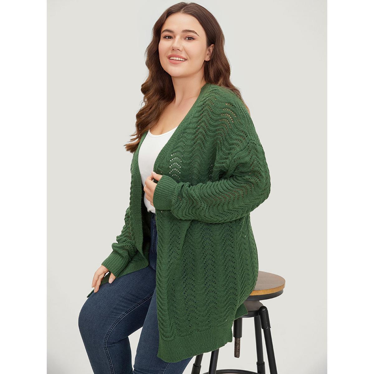 Plus Size Plain Open Front Split Side Cardigan Green Women Casual Loose Long Sleeve Everyday Cardigans BloomChic 26/4X Product Image