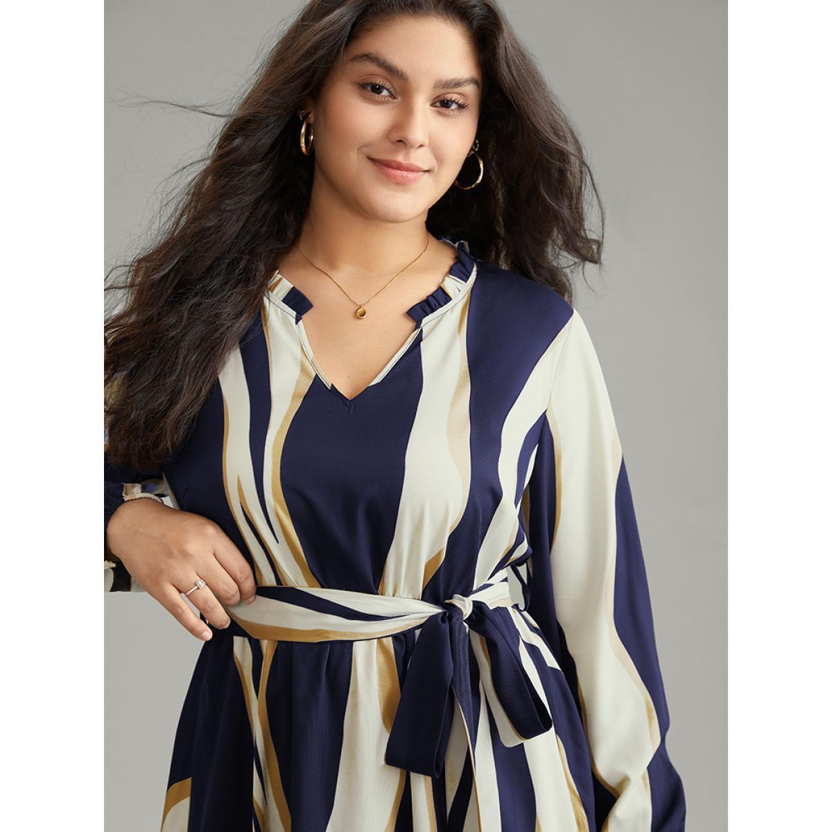 Plus Size Colorblock Striped Notched Belted Lantern Sleeve Dress DarkBlue Women At the Office Elastic cuffs Notched collar Long Sleeve Curvy Midi Dress BloomChic 30/6X Product Image