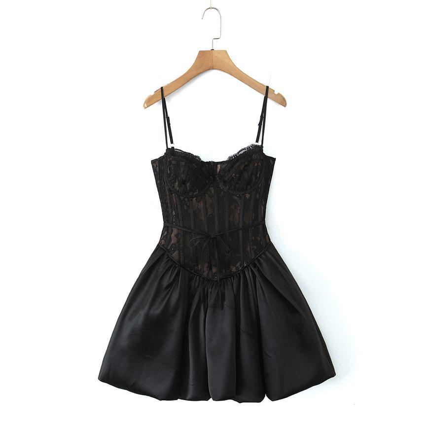 Spaghetti Strap Lace Panel Mini A-Line Balloon Dress Product Image