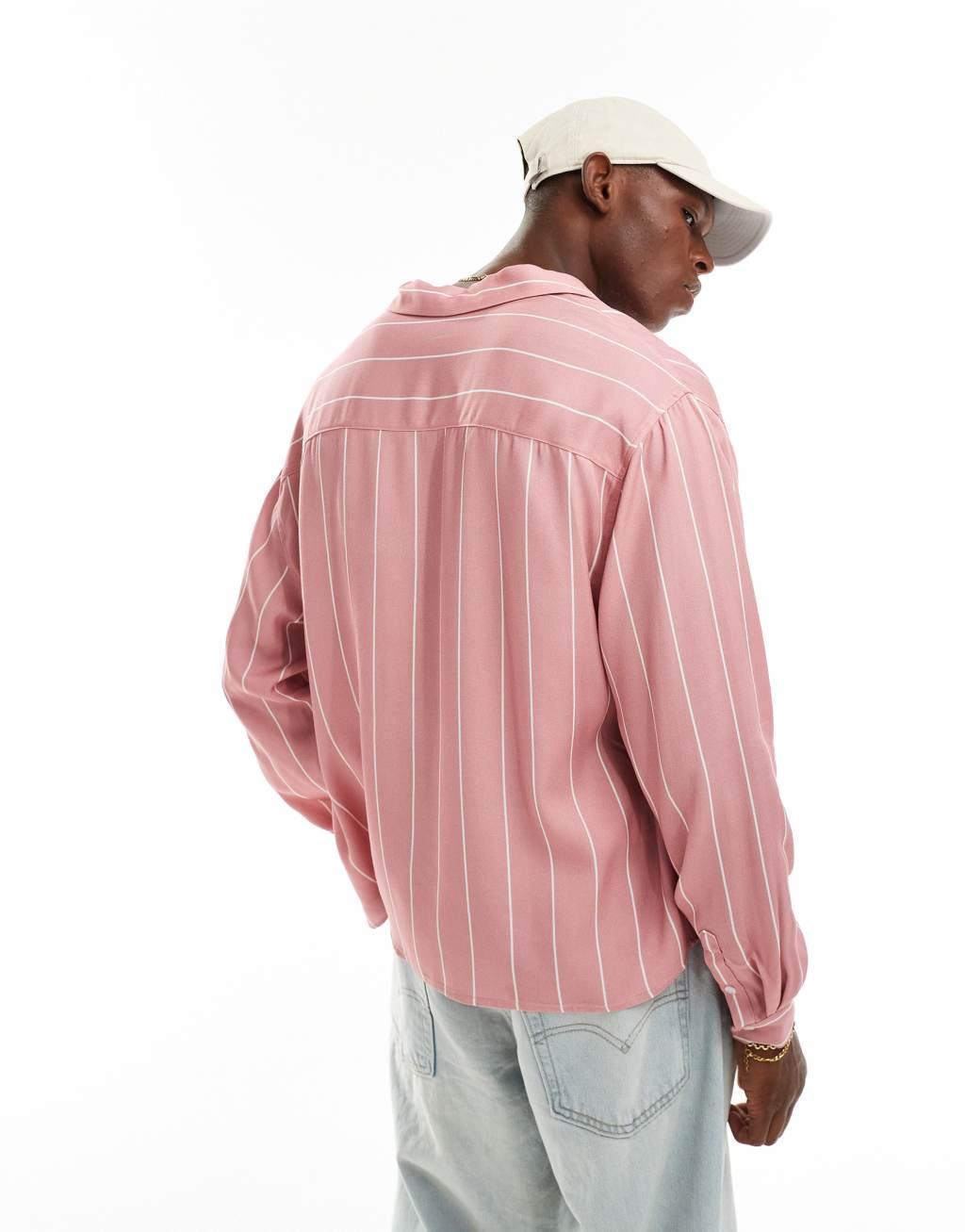 ASOS DESIGN oversized boxy shirt with revere collar in pink stripe  Product Image