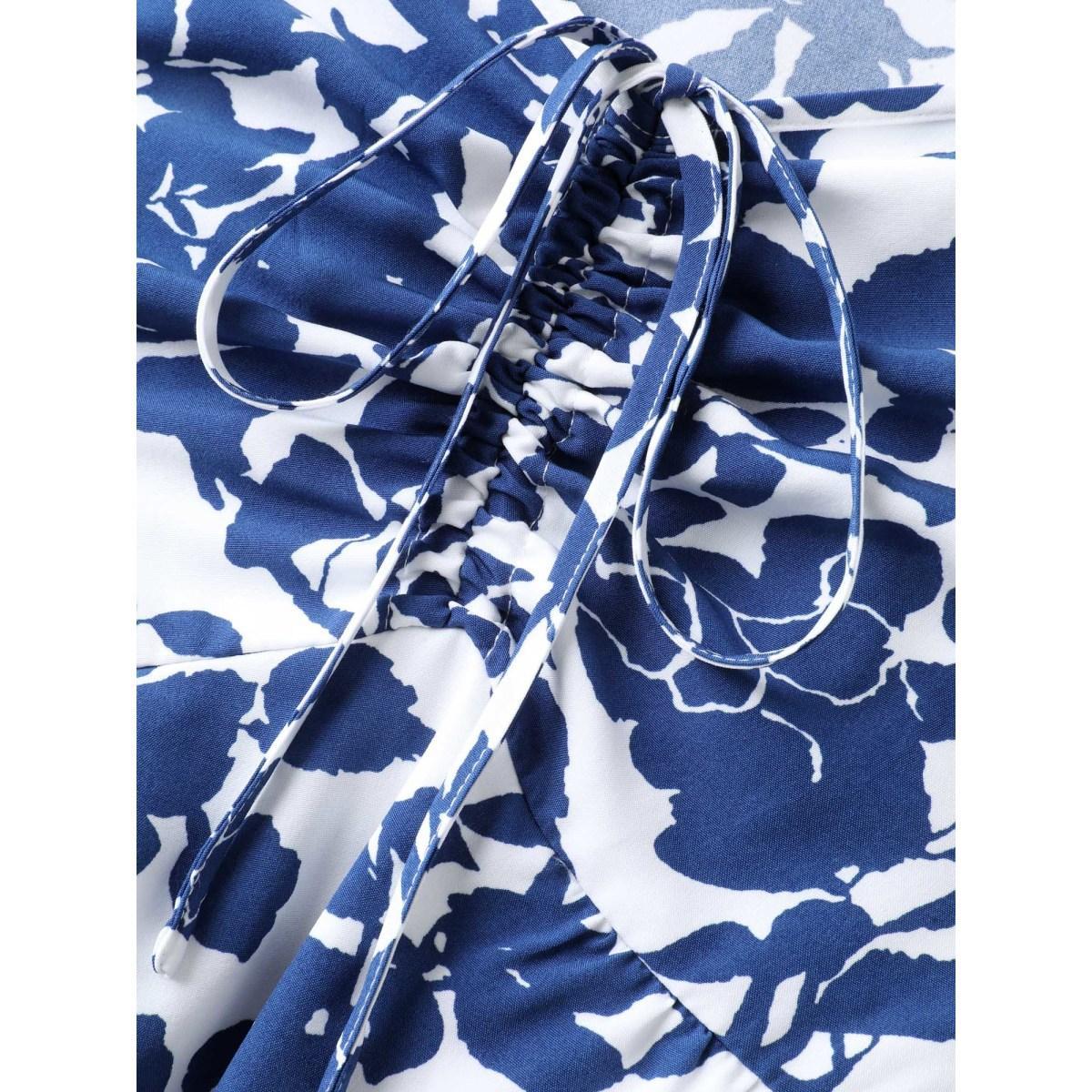 Plus Size Silhouette Floral Print Tie Front Midi Dress DarkBlue Women Elegant Drawstring Heart neckline Half Sleeve Curvy BloomChic 18-20/2X Product Image