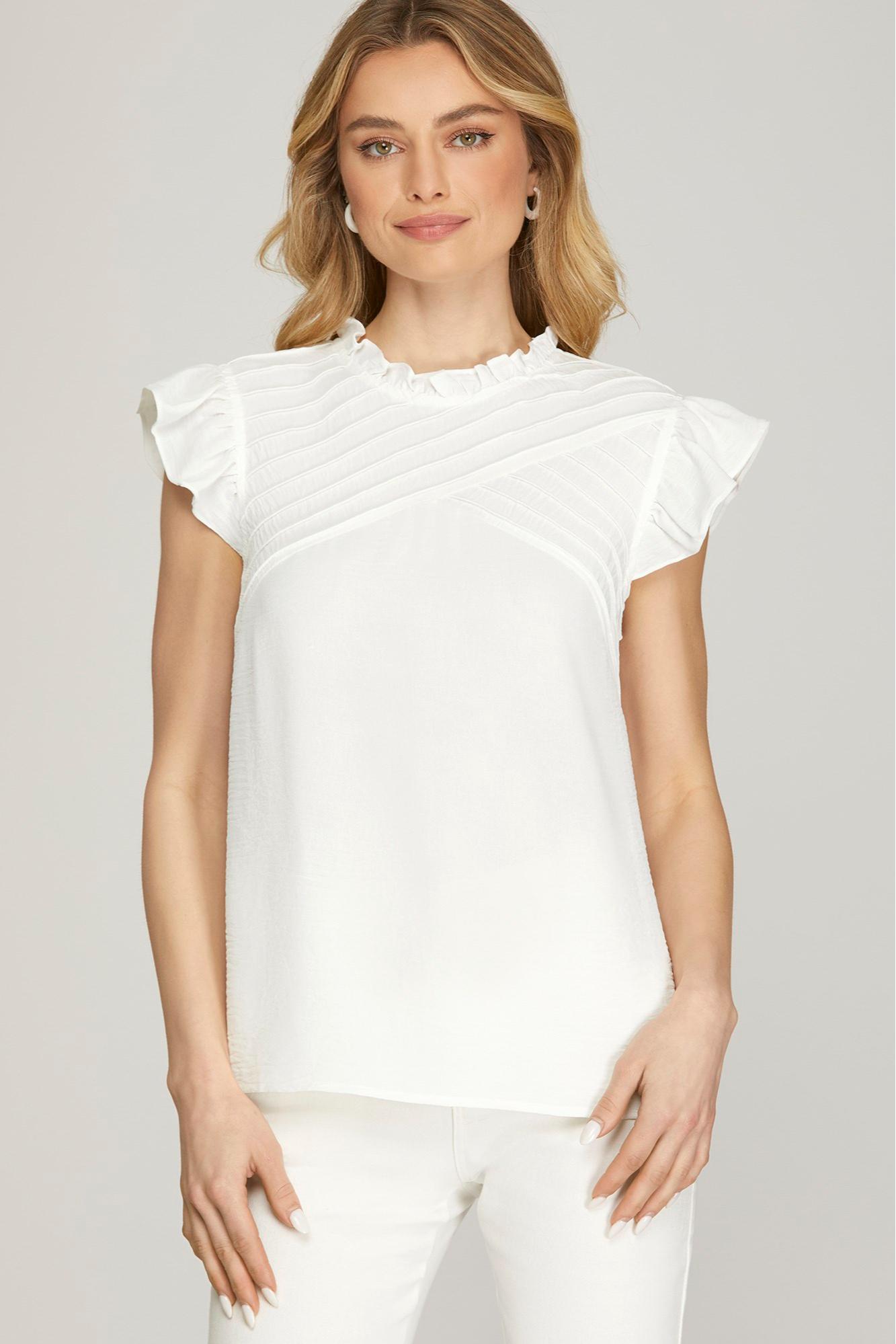 RUFFLE SLEEVE PINTUCK DETAIL WOVEN TOP Product Image