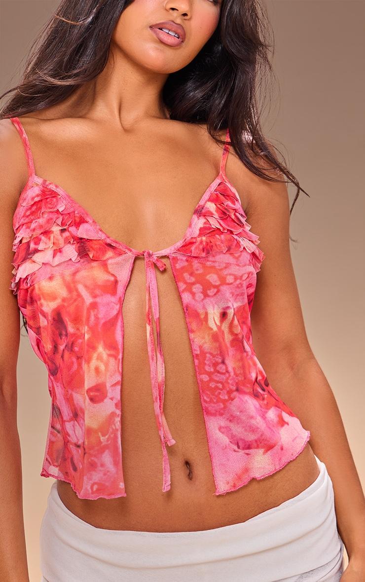 Pink Printed Mesh Ruffle Bust Tie Front Top Product Image