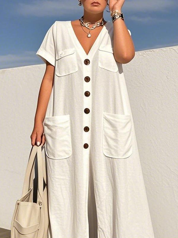 Loose Short Sleeves Buttoned Pockets Solid Color V-Neck Jumpsuits Product Image