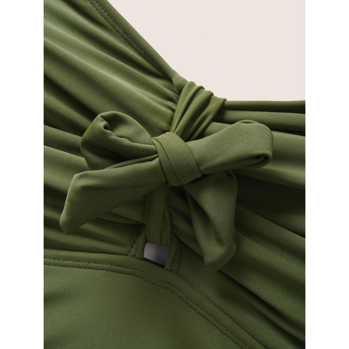 Plus Size Solid V Neck Tie Knot Gathered Swim Top Women's Swimwear Moss Beach Tie knot High stretch Skinny V-neck Curve Swim Tops BloomChic 22-24/3X Product Image