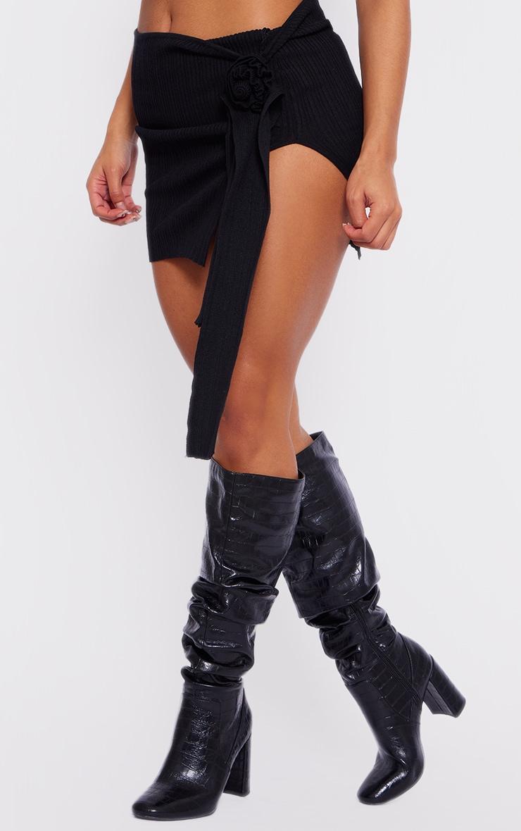 Black Pu Croc Round Toe Ruched Knee High Boots Product Image