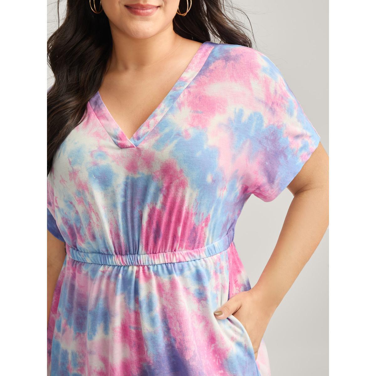 Plus Size Tie-Dye Curvy Hem V-Neck Midi Dress Multicolor Women Playful V-neck Short sleeve Curvy BloomChic 22-24/3X Product Image