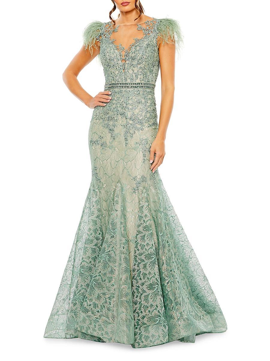 Mac Duggal Embellished Feather Cap Sleeve Illusion Neck Trumpet Gown Product Image