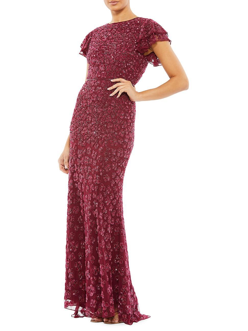 Mac Duggal Beaded Short Flutter Sleeve Crew Neck Sheath Gown Product Image