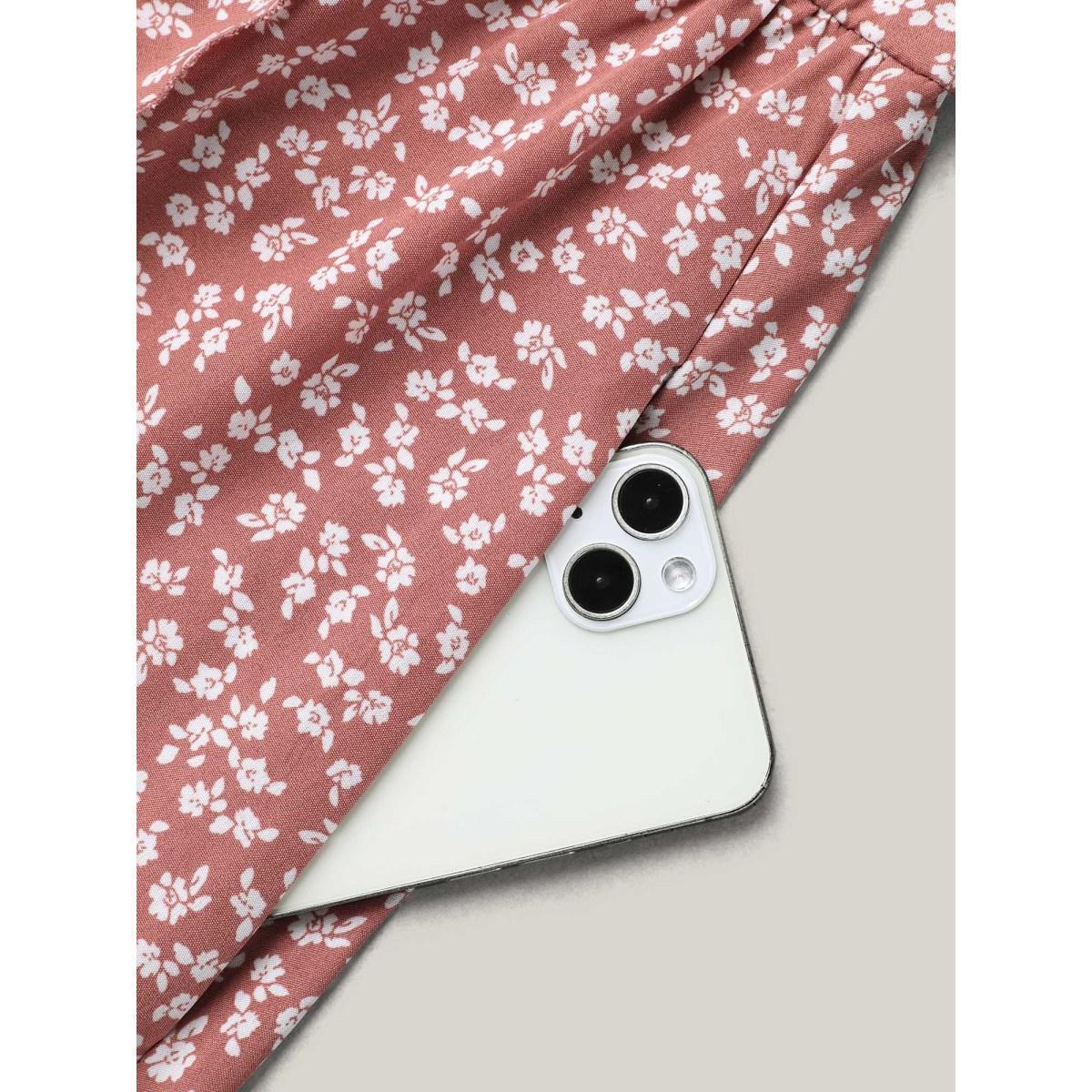 Plus Size Ditsy Floral Print Stretchy-Waist Ruffle Midi Dress DustyPink Women Elegant Overlapping Overlap Collar Short sleeve Curvy BloomChic 26/4X Product Image